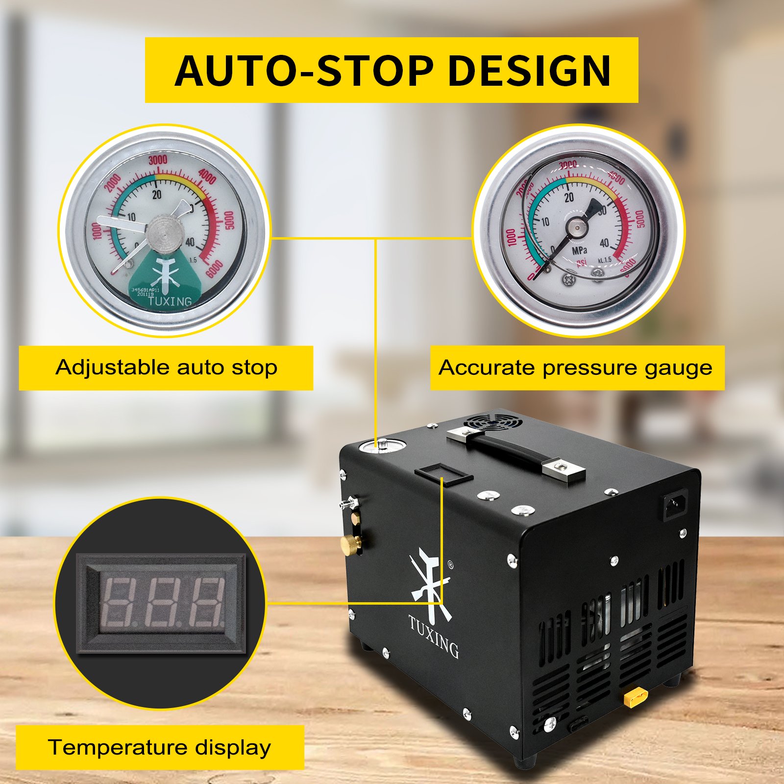 TUXING Hot Selling 12V 110V 4500psi 300bar Air Cooled Auto Shut-Off Fan Cooling Diving Paintball HPA Tank PCP Air Compressor