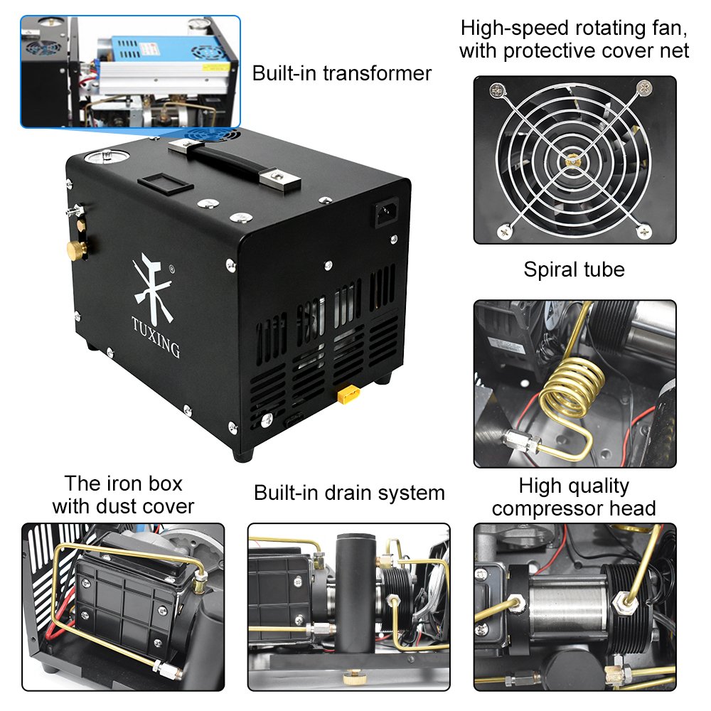 TUXING Hot Selling 12V 110V 4500psi 300bar Air Cooled Auto Shut-Off Fan Cooling Diving Paintball HPA Tank PCP Air Compressor
