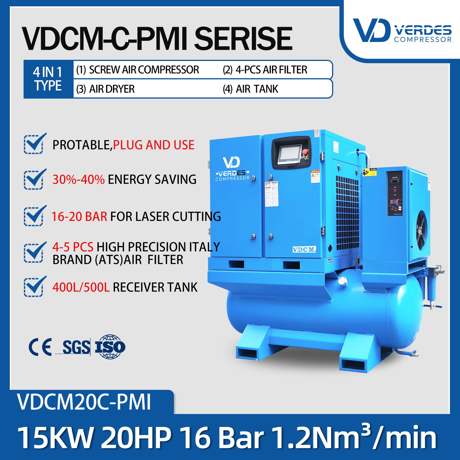 VERDES Rotary Screw air Compressor 8 10 16 bar 100cfm with Dryer 500l 400l for Sewing Spraying Woodworking Lasercut Machine