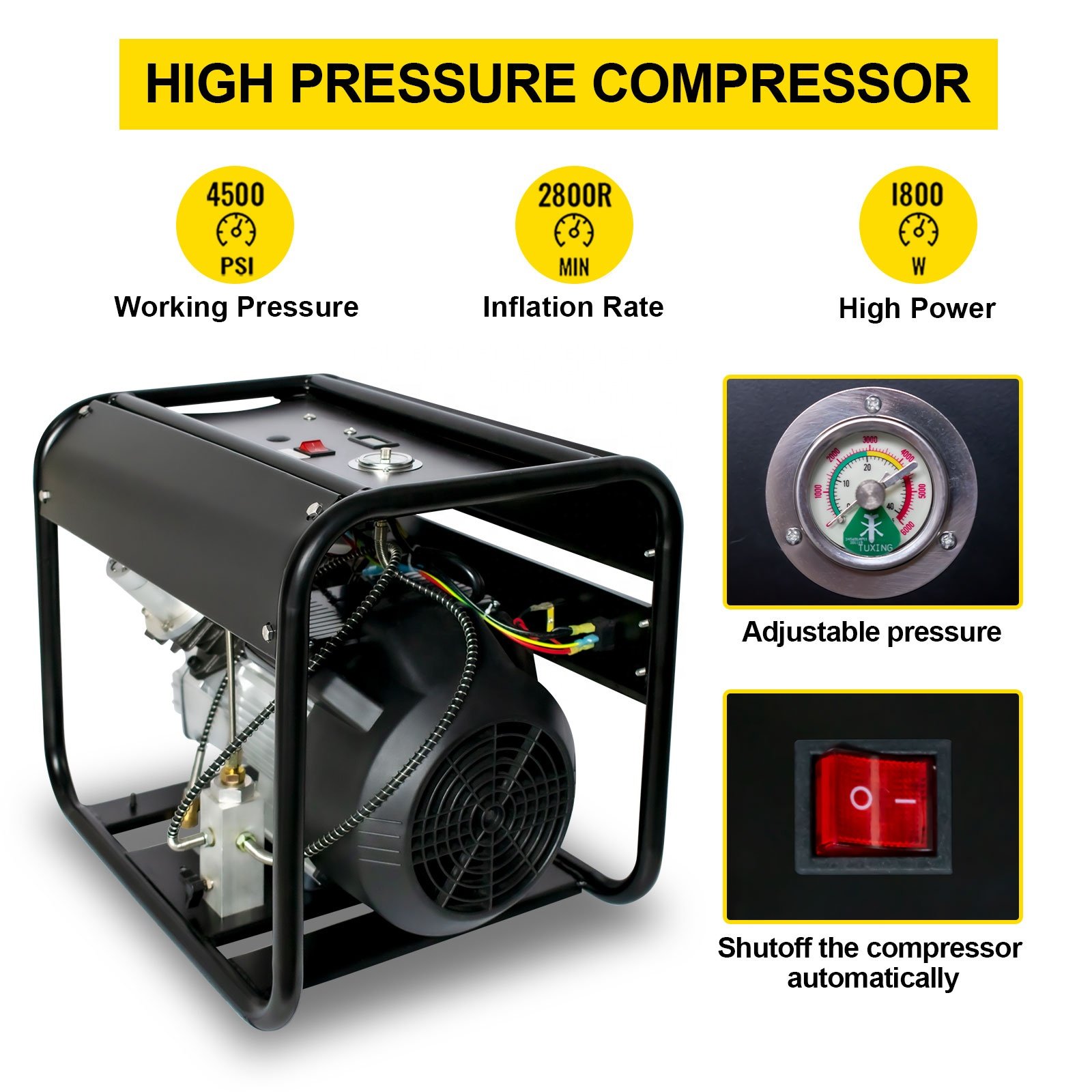 GP OEM Wholesale Portable Auto Stop 4500psi/300bar/30mpa Snorkeling Paintball Scuba Diving Double Cylinder PCP Air Compressor