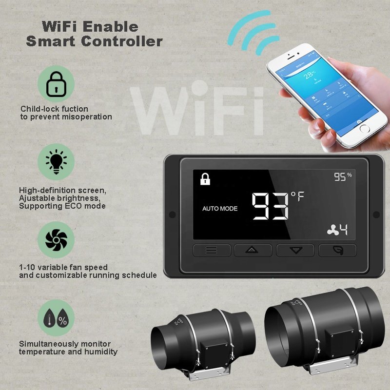 Quiet 100mm 4 Inch Ec Duct Fan with WiFi Intelligent Smart Temperature Humidity Controller Blower Fan for Grow Tent