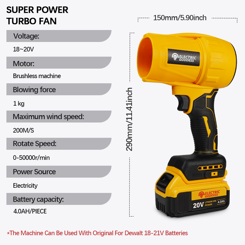 Electric Goddess Cordless for Dewalt 20V Battery Brushless Handheld Trubon Fan Jet Leaf Air Blower