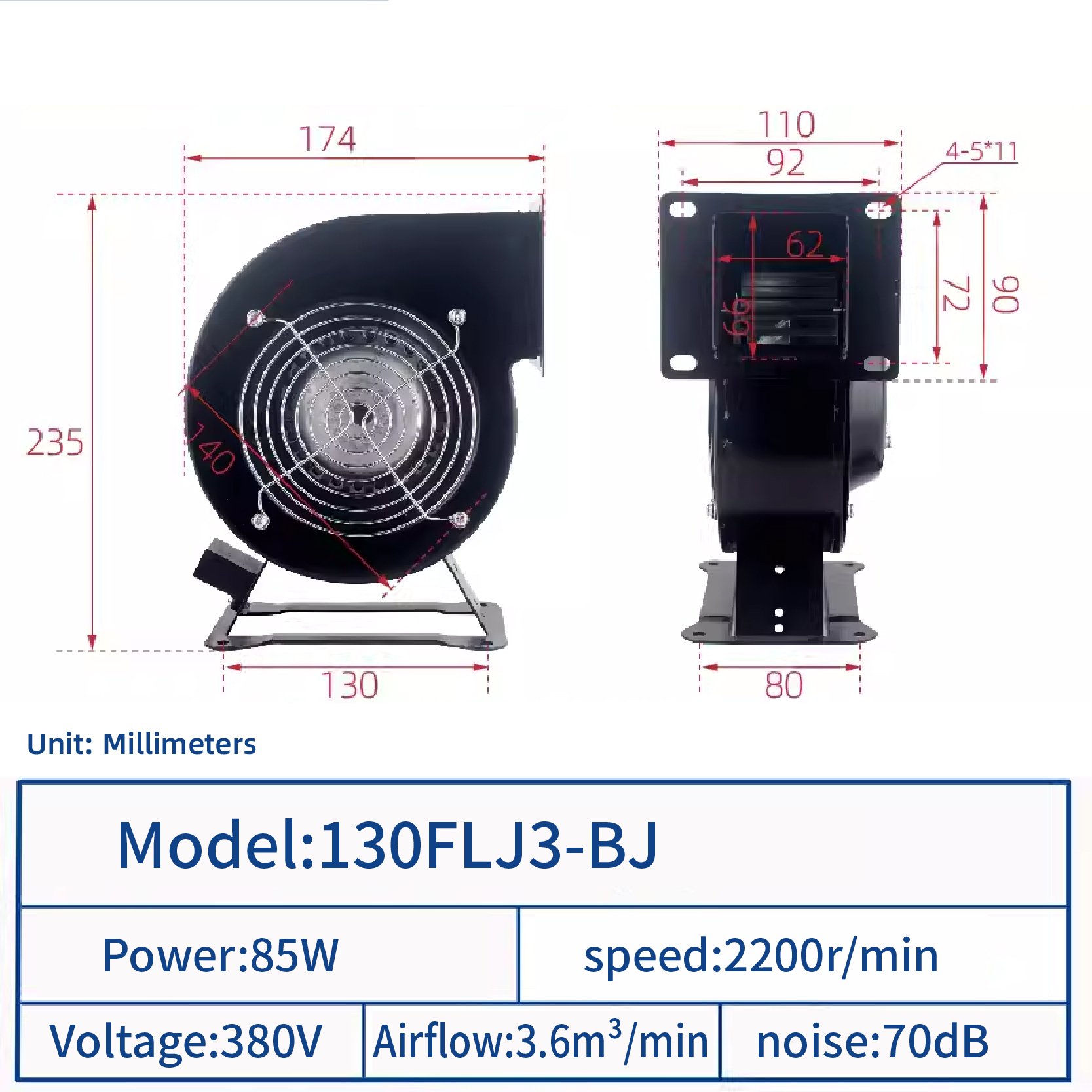 Foot Support Full Metal Copper Wire 220v 85W 2200rpm Strong Power Blower for Inflatable Castle Games