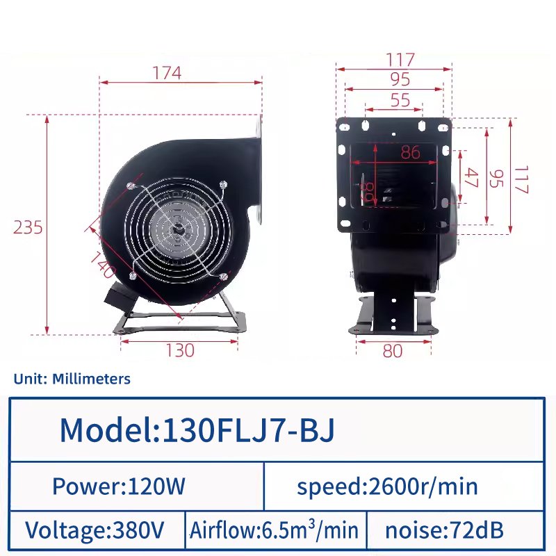 JEEK 130FLJ7 380v 120W 2600rpm 50HZ 100% Copper Wire with Foot and Frame High Flow Centrifugal Blower Fan 220v