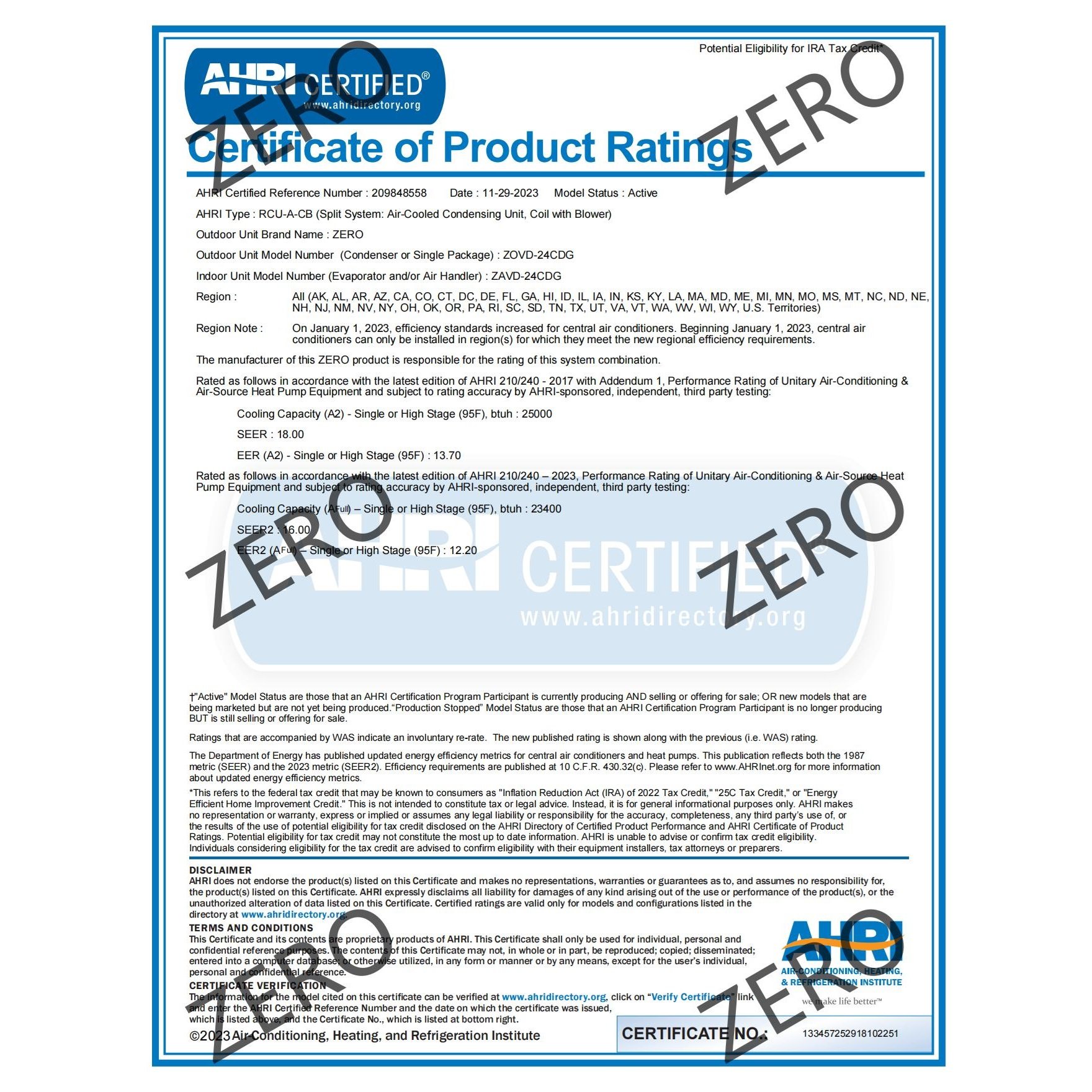 ZERO 18 Seer 24000 Btu Top Discharge Central Condensing and Air Handler Unit for North and South America