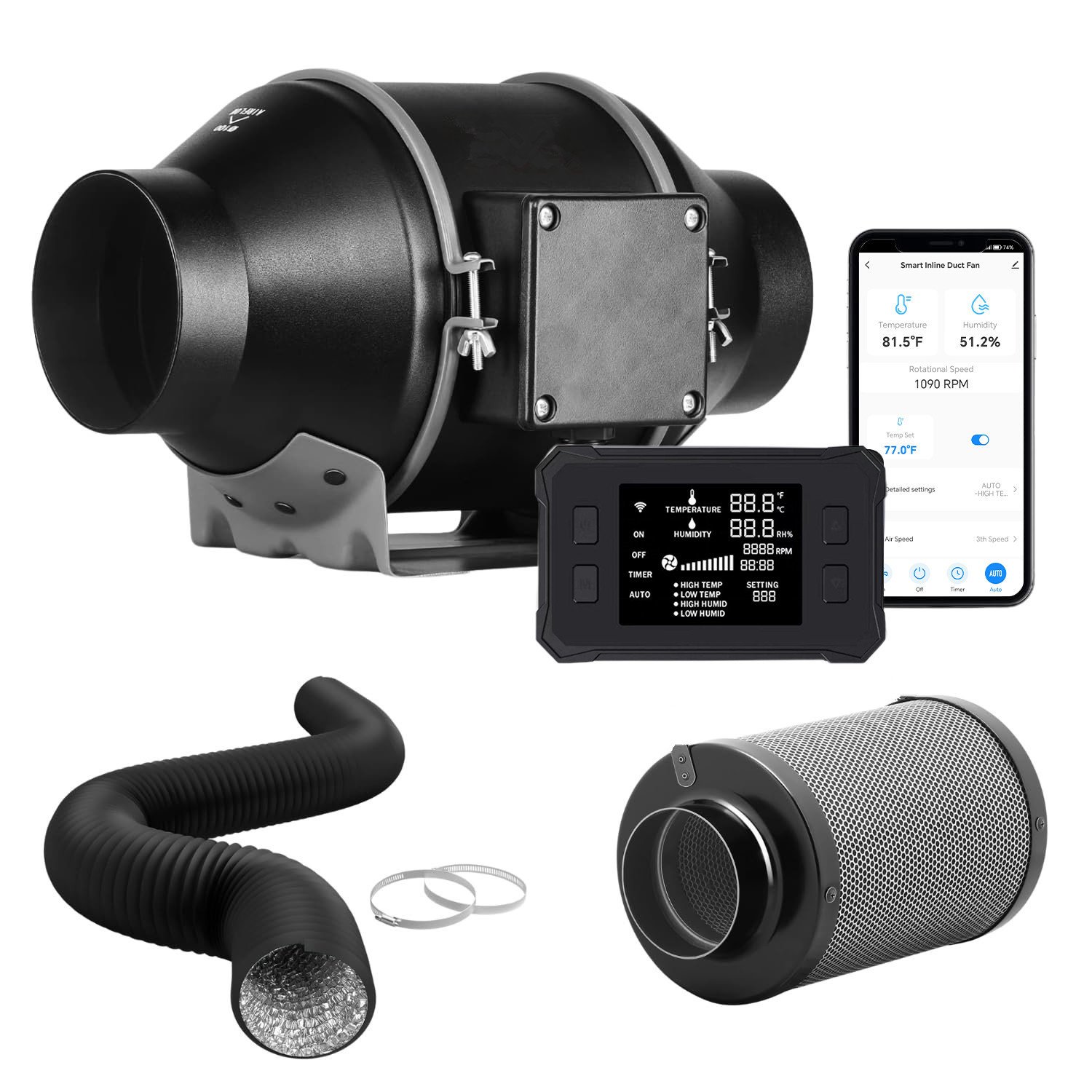 BAVA Smart WIFI APP Inline Duct Fan Mixed Flow 4 Inch 212 CFM Ventilation Exhaust Fan for Hydroponics Grow LED LED Indoor Tent