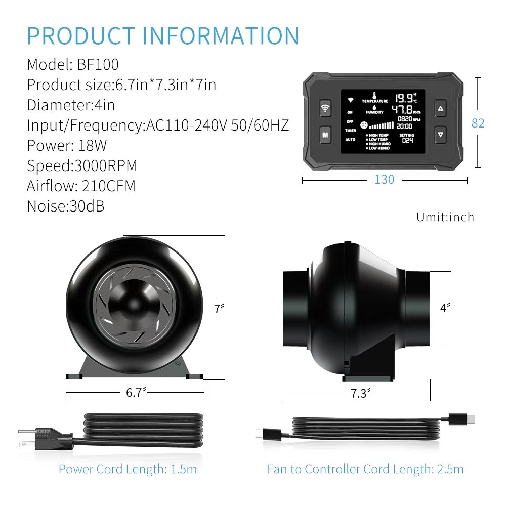In Stock Smart Temperature Humidity App Controller EC Motor 100mm Mini Ventilation Blower Exhaust Fan for Growbox Complete Set