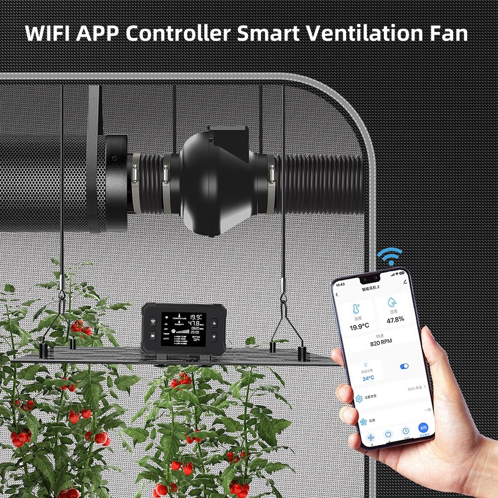 In Stock Smart Temperature Humidity App Controller EC Motor 100mm Mini Ventilation Blower Exhaust Fan for Growbox Complete Set