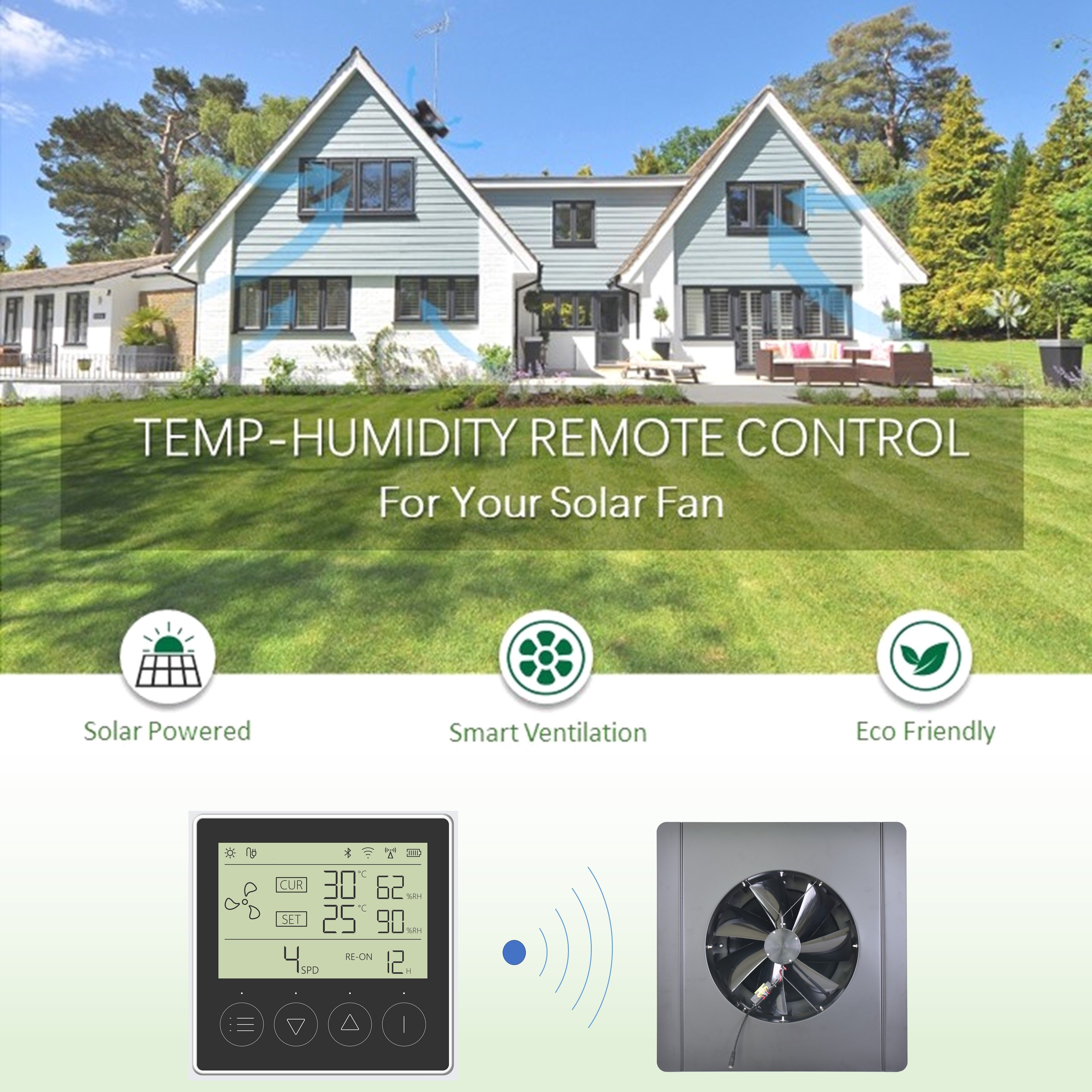 Solar Powered HVAC Roof Turbine Air Blower Attic Heat Exhaust Ventilation Tools 14'' Duct Cooler Axial Flow Vent Industrial Fan
