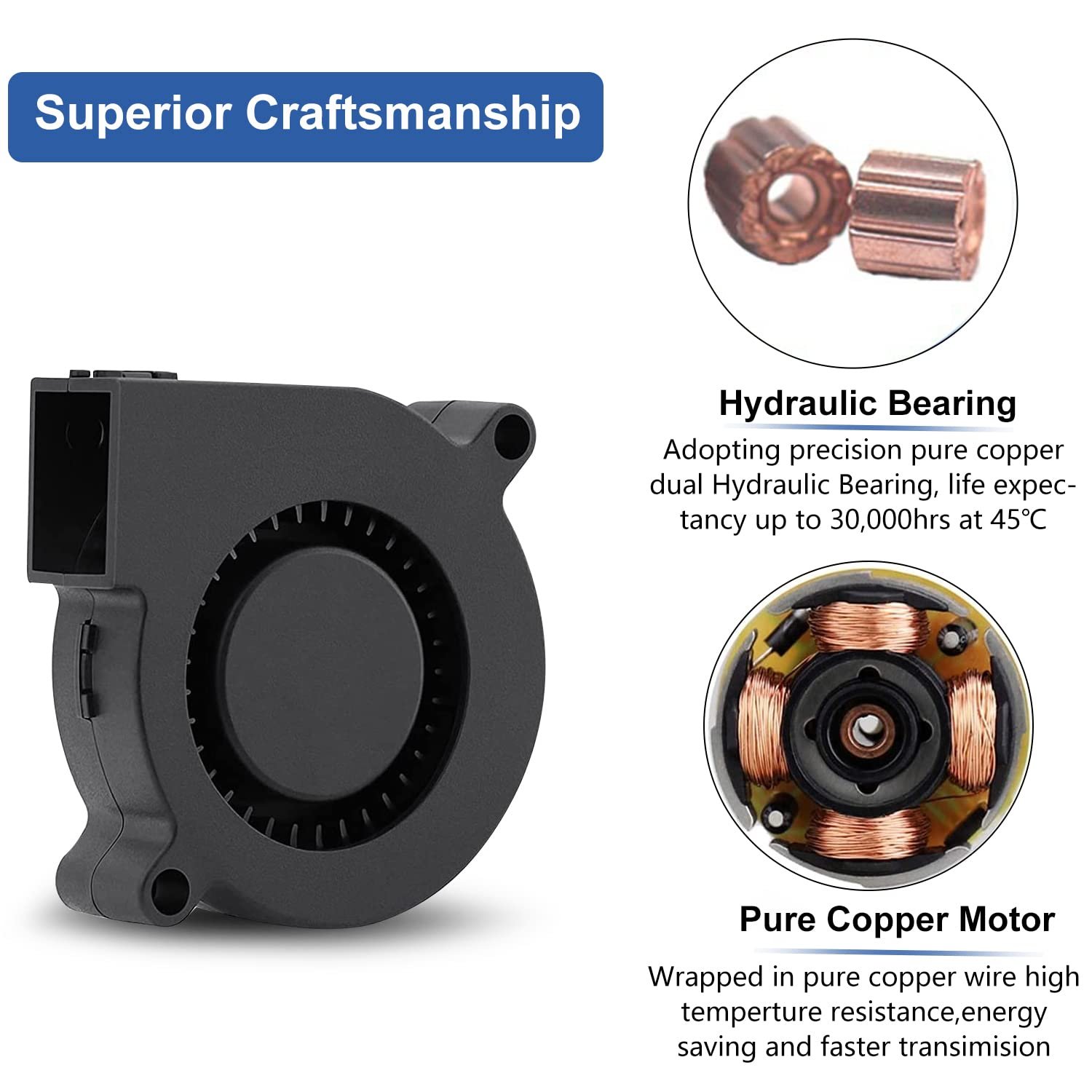 50mm 5015 Blower 24 Volt Dual Ball Bearing 1000mm/39" Cable for 3D Printer Cooling Fan and Turbo Turbine Brushless Blower
