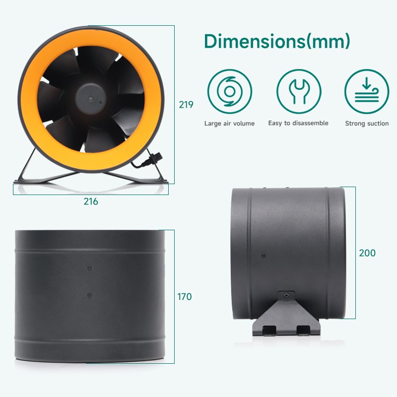 Hon&Guan Extractor Supplier Powerful Low Eco-watt Round Duct Fan 8 Inch HI-200PE OEM/ODM