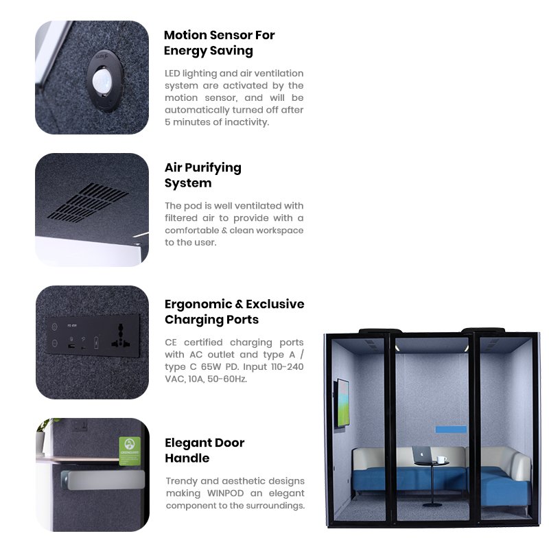 Premium Modern Design Acoustic Phone Booth MPOD 2.0 (Excluding TV) Comfort L-shape Sofa 7 Persons Privacy Office Meeting Pods