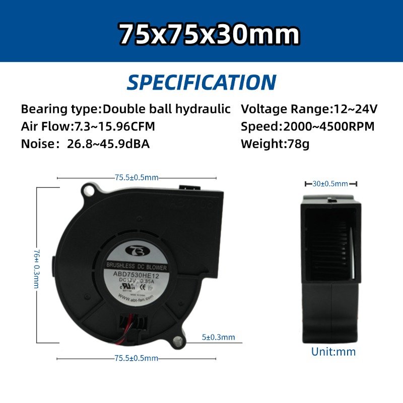 75x75x30mm DC Blower Fan Brushless Motor for Energy Efficiency Turbine Air Flow for Fast Heat Dissipation