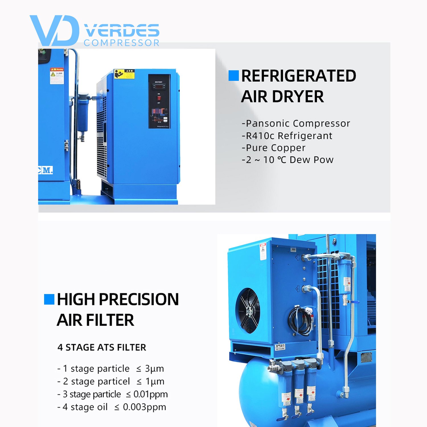 VERDES Industrial Compressors air 7.5kw 10hp All in One 8 bar 10 bar Screw Type air Compressor With Dryer tank 500 Litre