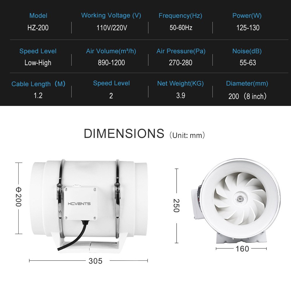 KCvents 8 Inch 200 MM Exhaust Fan Inline Duct Fan for Bathroom/Hospital