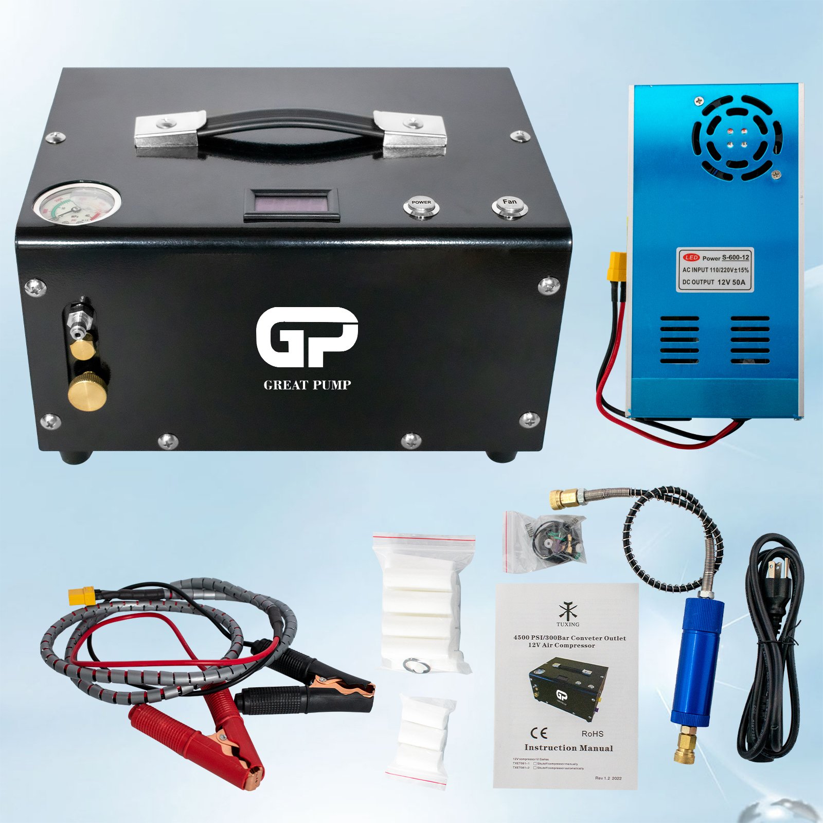 GP Convenient Manual Sensitive Reaction Stop 12v 220V/110V 30mpa 4500psi Built-in Fan Cooling PCP Paintball Game Air Compressor