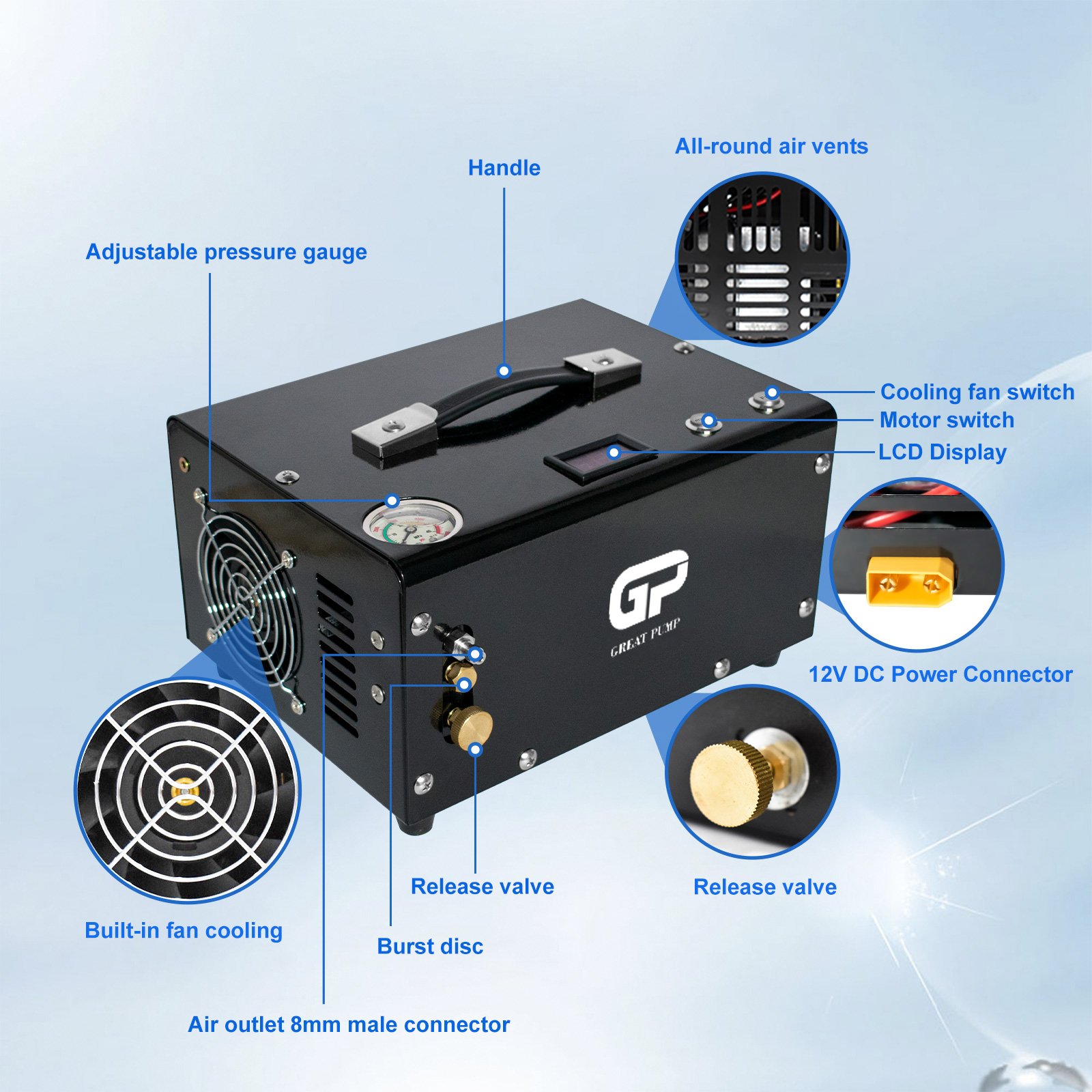 GP Convenient Manual Sensitive Reaction Stop 12v 220V/110V 30mpa 4500psi Built-in Fan Cooling PCP Paintball Game Air Compressor