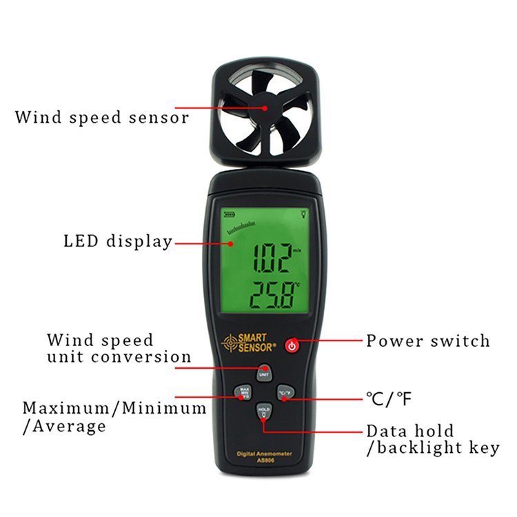 Digital Anemometer Air Flow Meter 0-45m/s Wind Speed Meter Tachometer LCD Backlight Temp Measure