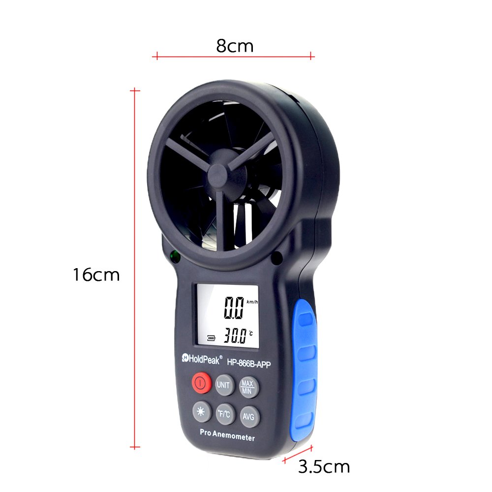 HoldPeak Handheld Anemometer with Tripod, Digital Wind Speed Gauge Meter, Air Flow Velocity Temperature CFM 866B-APP
