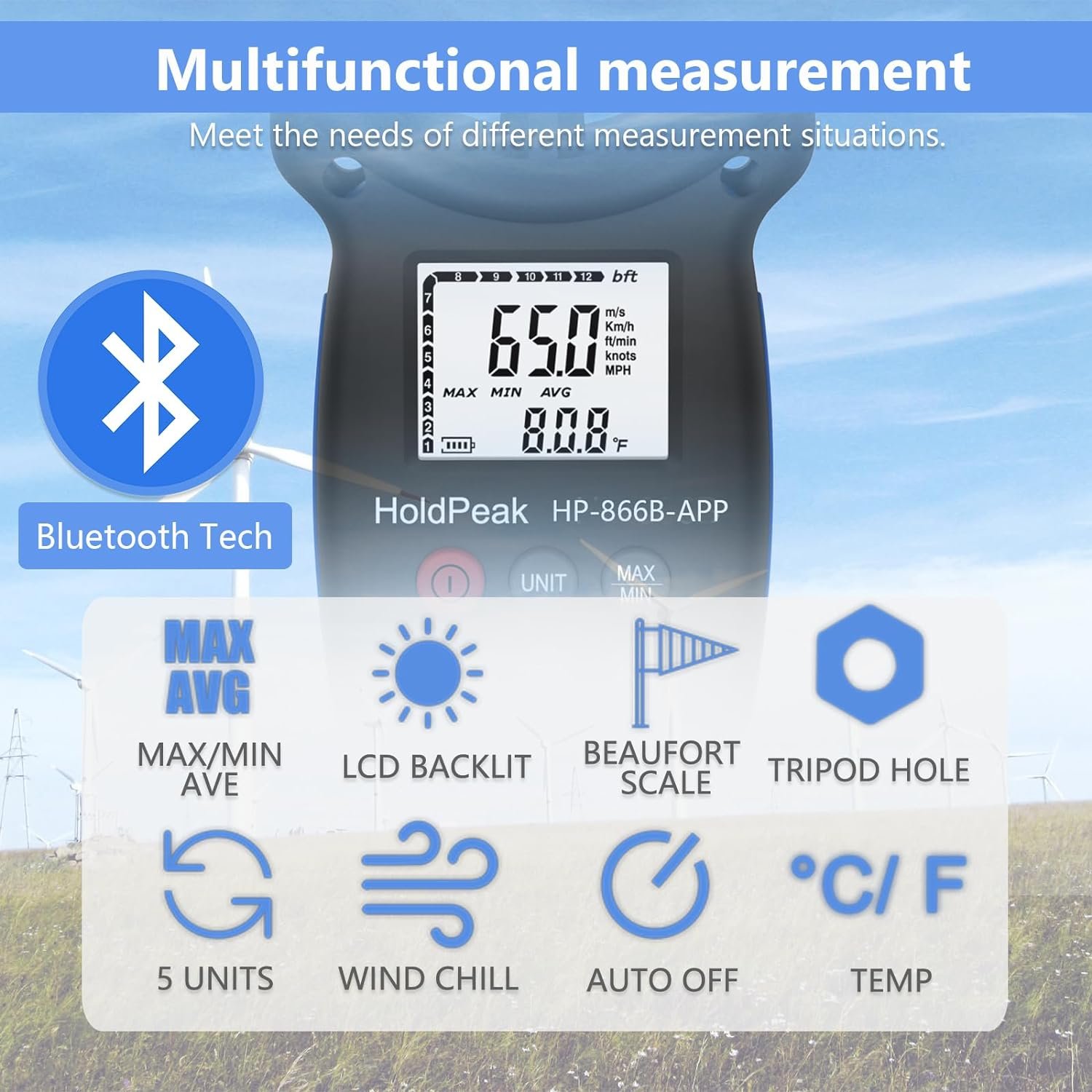 HoldPeak Handheld Anemometer with Tripod, Digital Wind Speed Gauge Meter, Air Flow Velocity Temperature CFM 866B-APP