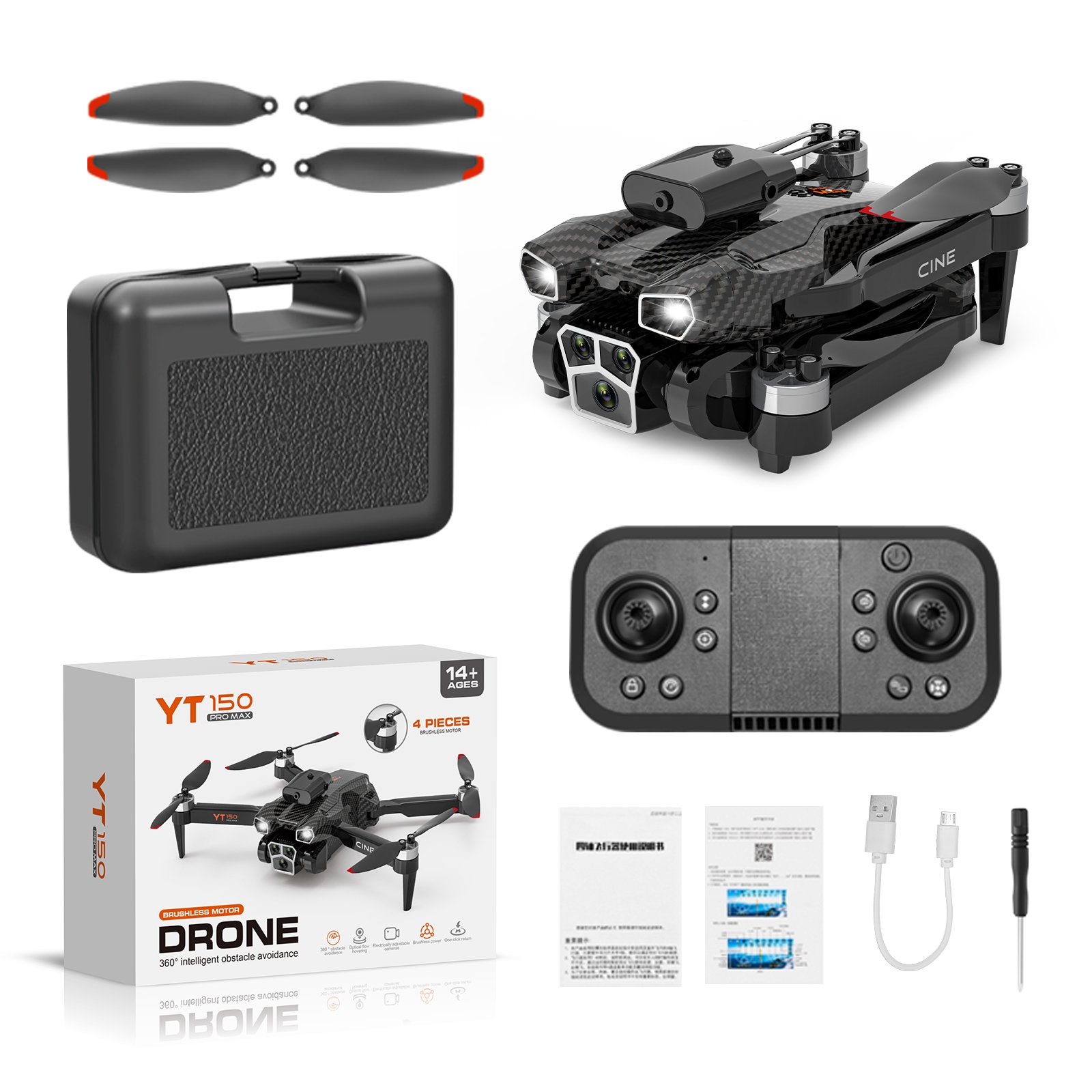 YT150 Drone HD Triple Camera LED Light Stream Hovering Obstacle Avoidance Foldable Photography Quadcopter Adult Toy Gift for Kid