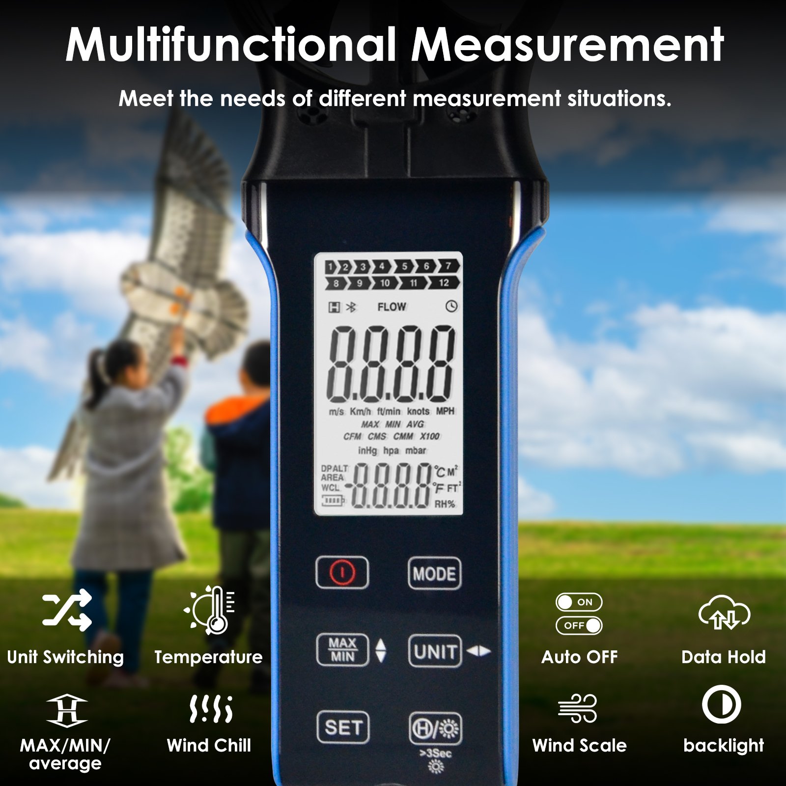 Holdpeak HP-5000D Handheld CFM Wind Speed Meter, HVAC Anemometer Rotatable Wind Sensor Measure Air Flow