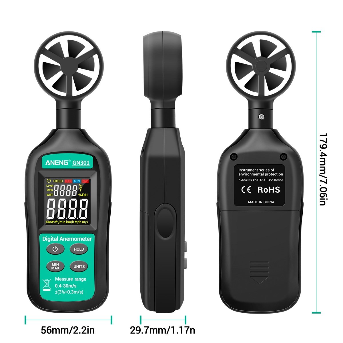 Digital Anemometer 0-30m/s Wind Speed Meter -10 ~ 45c Temperature Tester Anemometro With Lcd Backlight Display