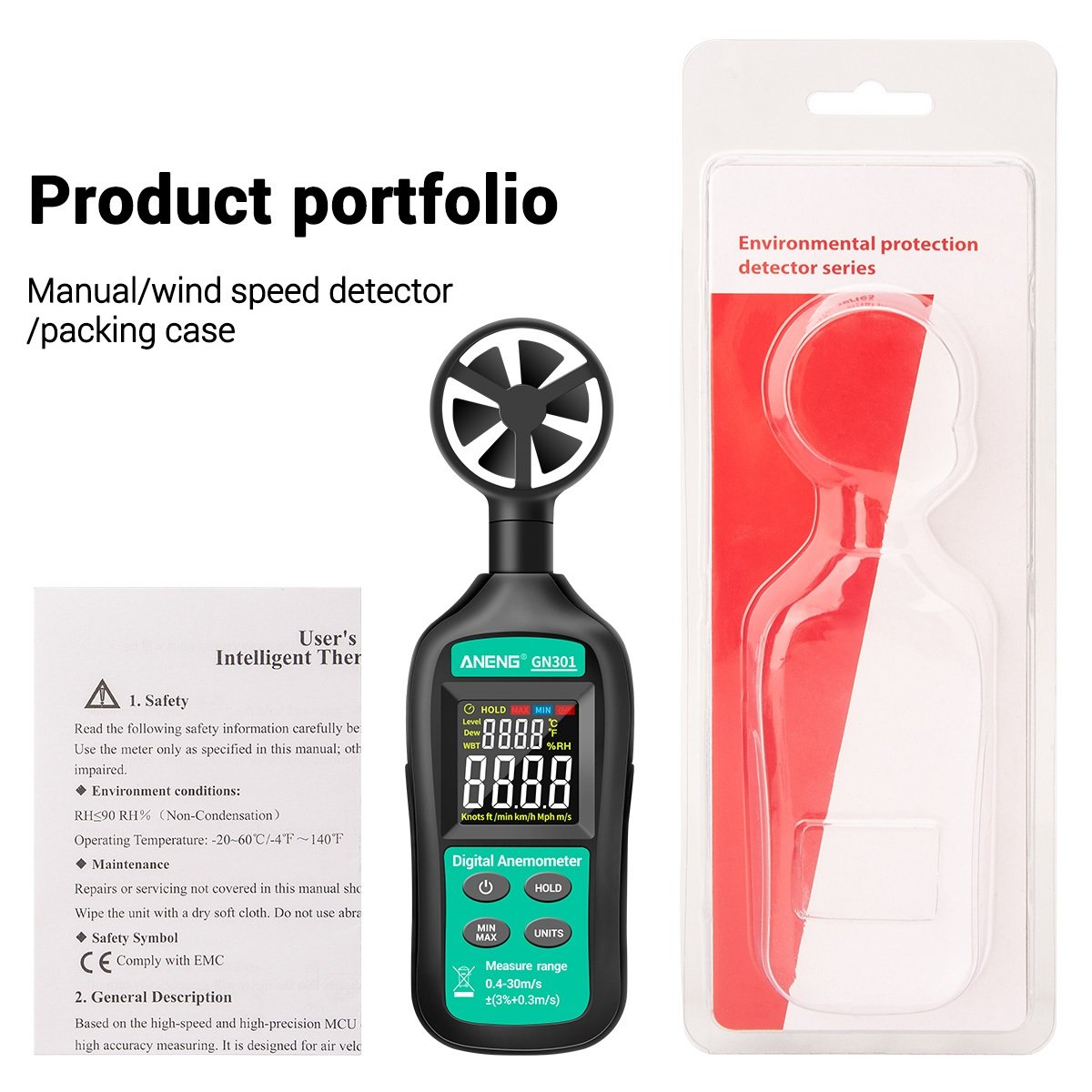 Digital Anemometer 0-30m/s Wind Speed Meter -10 ~ 45c Temperature Tester Anemometro With Lcd Backlight Display
