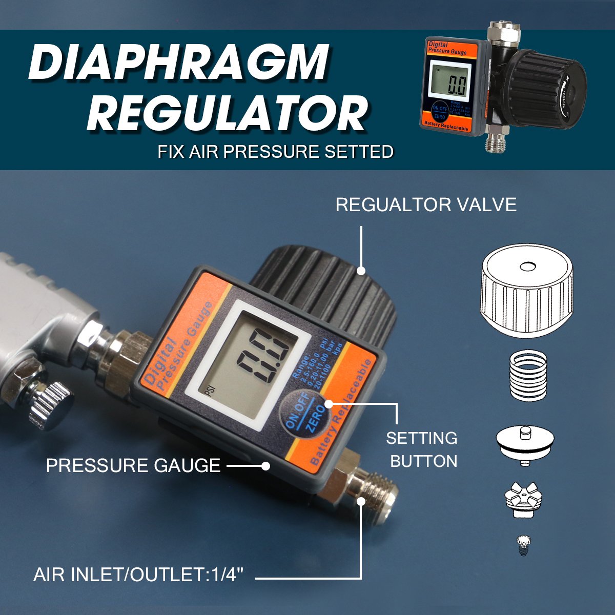 Digital 1/4" Air Pressure Regulator with Tail Gauge for Precise Spray Gun Adjustment