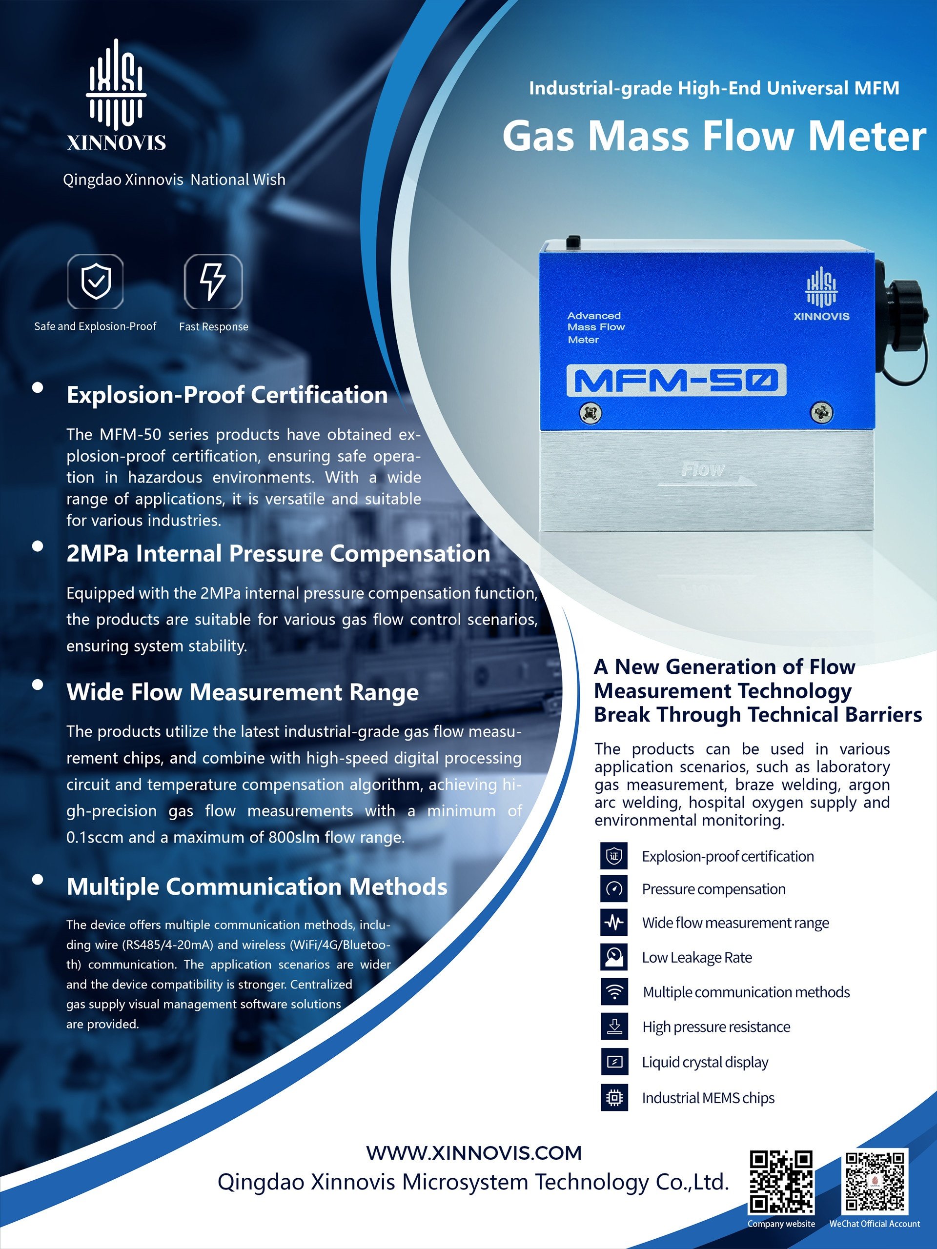 MFM-50 High Accuracy 1000slm MEMS Gas Mass Flow Meter for N2/H2/O2/CO2/He/Ar/CH4 with RS485/4-20mA LCD Display by Xinnovis OEM