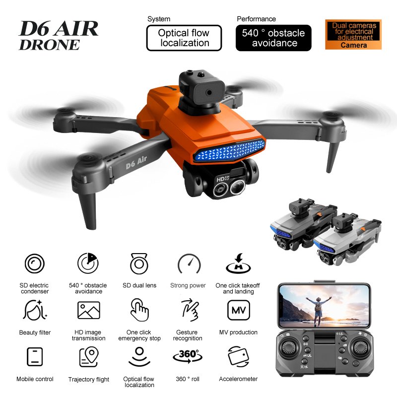 D6 air Drone 4K HD Dual Camera WiFi FPV Obstacle Avoidance Optical Flow Foldable Quadcopter RC Drone Toys