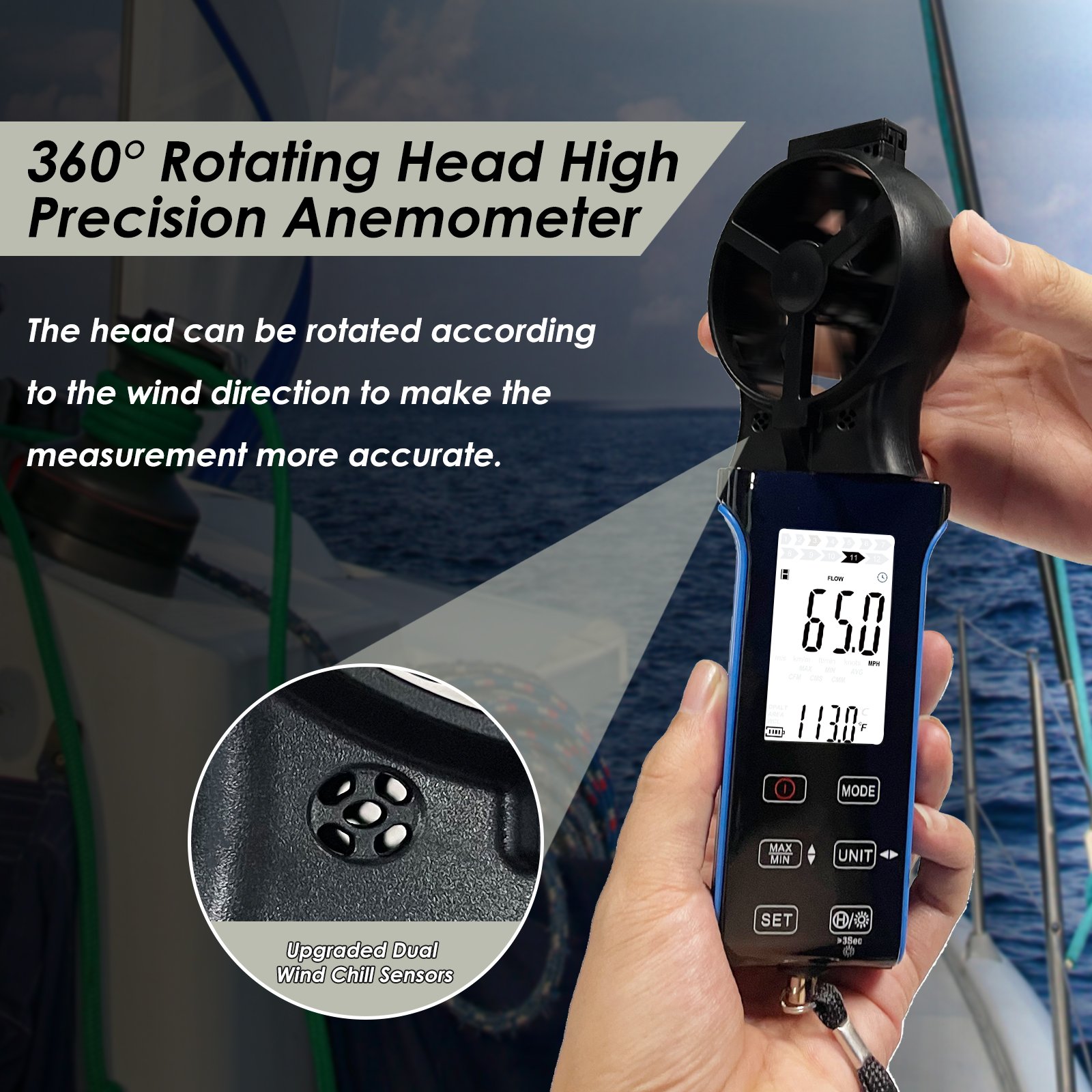 Holdpeak HP-5000D Digital Handheld HVAC Anemometer CFM Wind Speed Meter Rotatable ABS Wind Sensor Measures Air Flow OEM