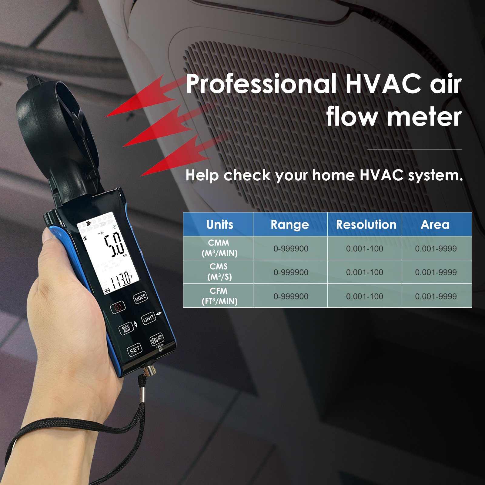 Holdpeak HP-5000D Digital Handheld HVAC Anemometer CFM Wind Speed Meter Rotatable ABS Wind Sensor Measures Air Flow OEM