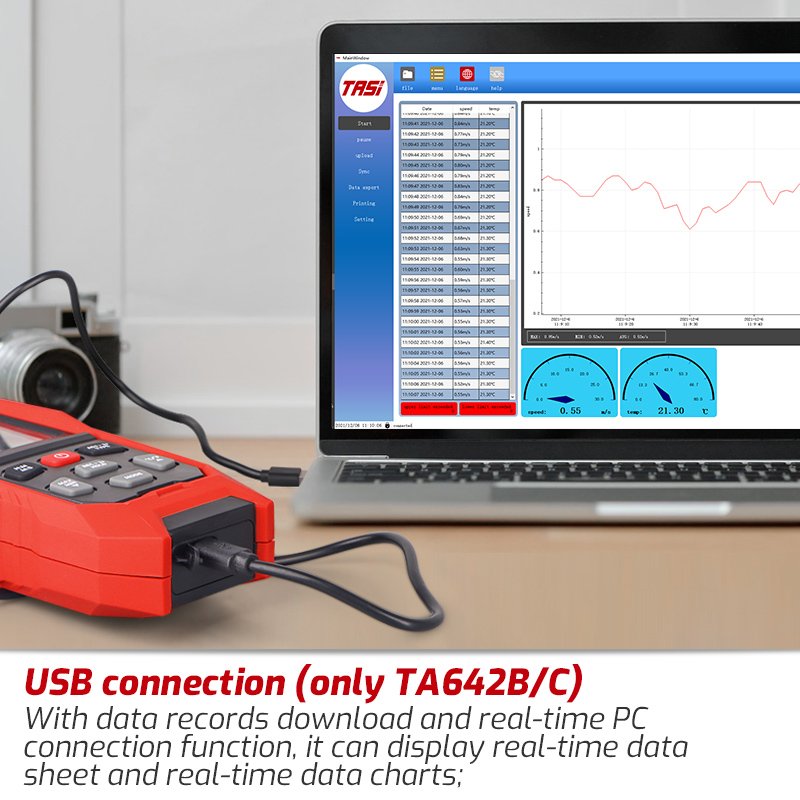 TASI TA642B Anemometer With USB Connection Wind Meter Air Temperature Flow Velocity Meter Digital Anemometers