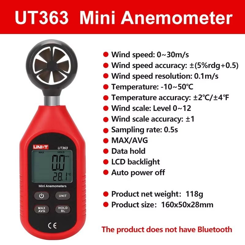 UNI-T UT363 UT363BT Handheld Anemometer Digital Wind Speed Measurement Temperature Tester LCD Display Air Flow Speed Wind Meter