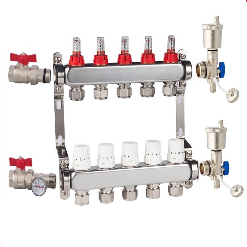 Isolating Ball Valves Adjustable Diverter Flow Meters Fill and Drain Points Automatic air Vents Stainless Steel Manifold