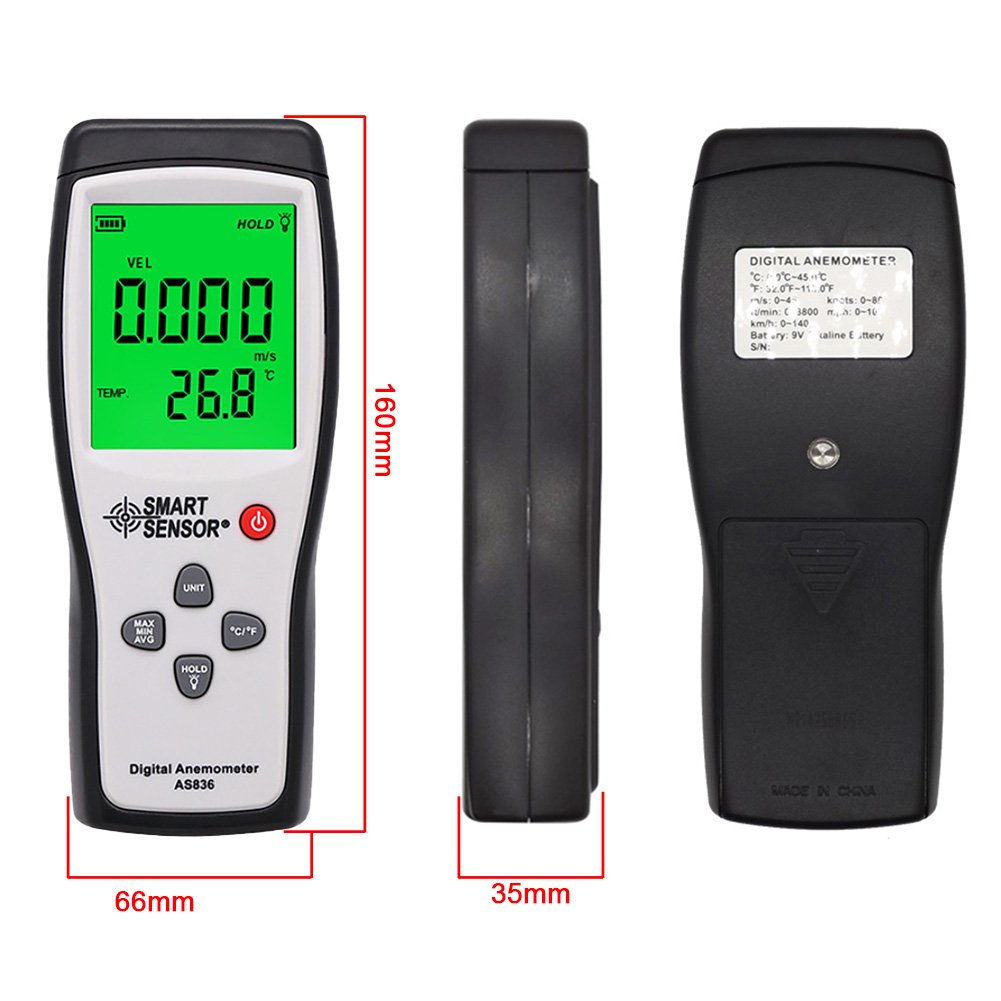 Digital air Flow Meter Smart Sensor AS836 Anemometer Wind Speed Meter Temperature 0.3-45m/s Anemometer Wind Sensor Meter