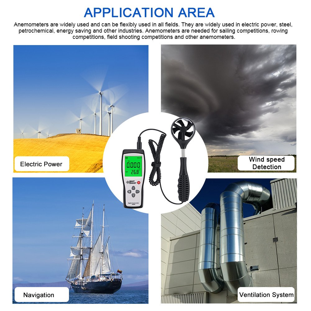 Digital air Flow Meter Smart Sensor AS836 Anemometer Wind Speed Meter Temperature 0.3-45m/s Anemometer Wind Sensor Meter