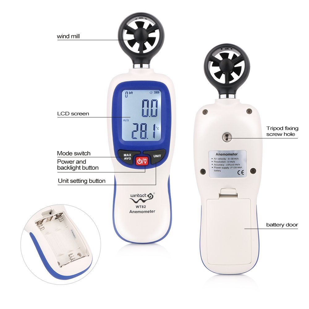Digital Wind Speed Meter Anemometer Air Flow Instrument Gauge Temperature LCD Display WT82 WT82B