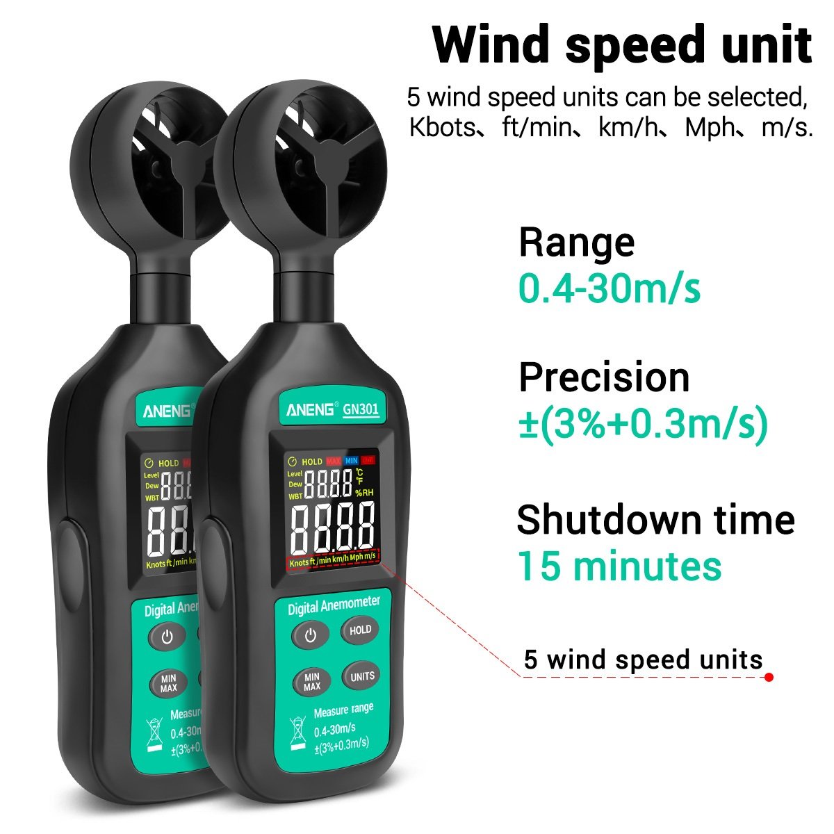 Digital 0-30m/s Anemometer with LCD Backlight Display Wind Speed Meter and -10 ~ 45c Temperature Tester Test Instruments