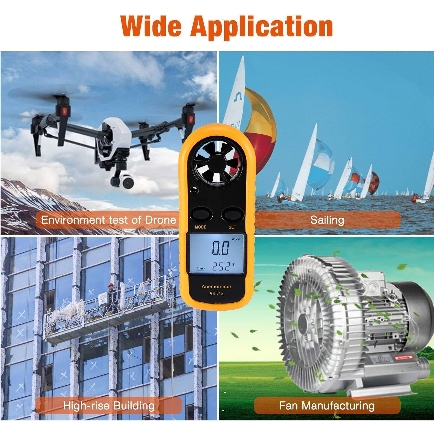 Anemometer Handheld Digital LCD Backlight Wind Speed Meter Gauge Light Weight Air Flow Velocity Measurement Thermometer