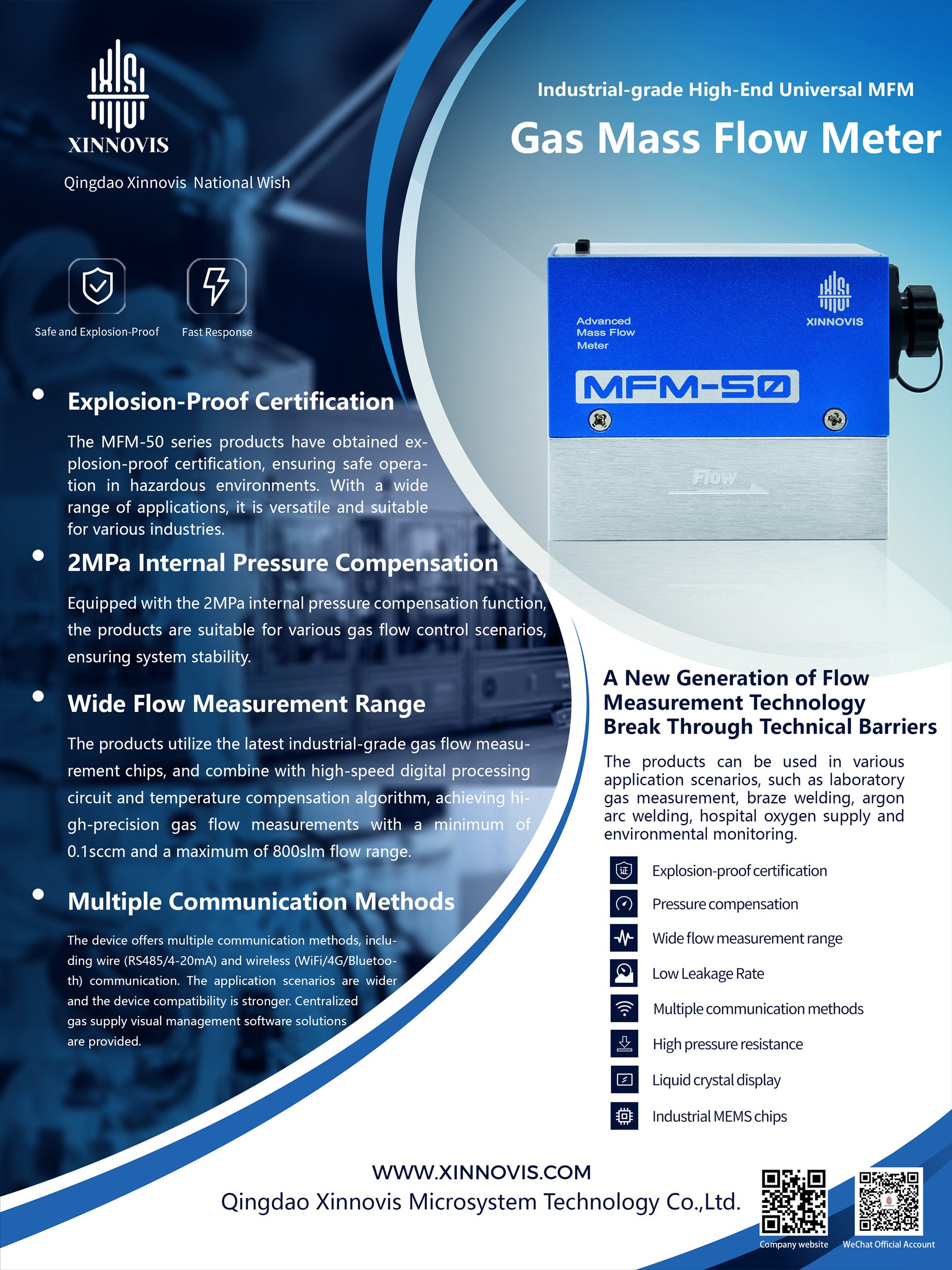 High Accuracy MFM-50 MEMS Gas/N2/H2/Air/O2/CO2/He/Ar/CH4 Mass Flow Meter with RS485/4~20mA Xinnovis LCD Display OEM Supported