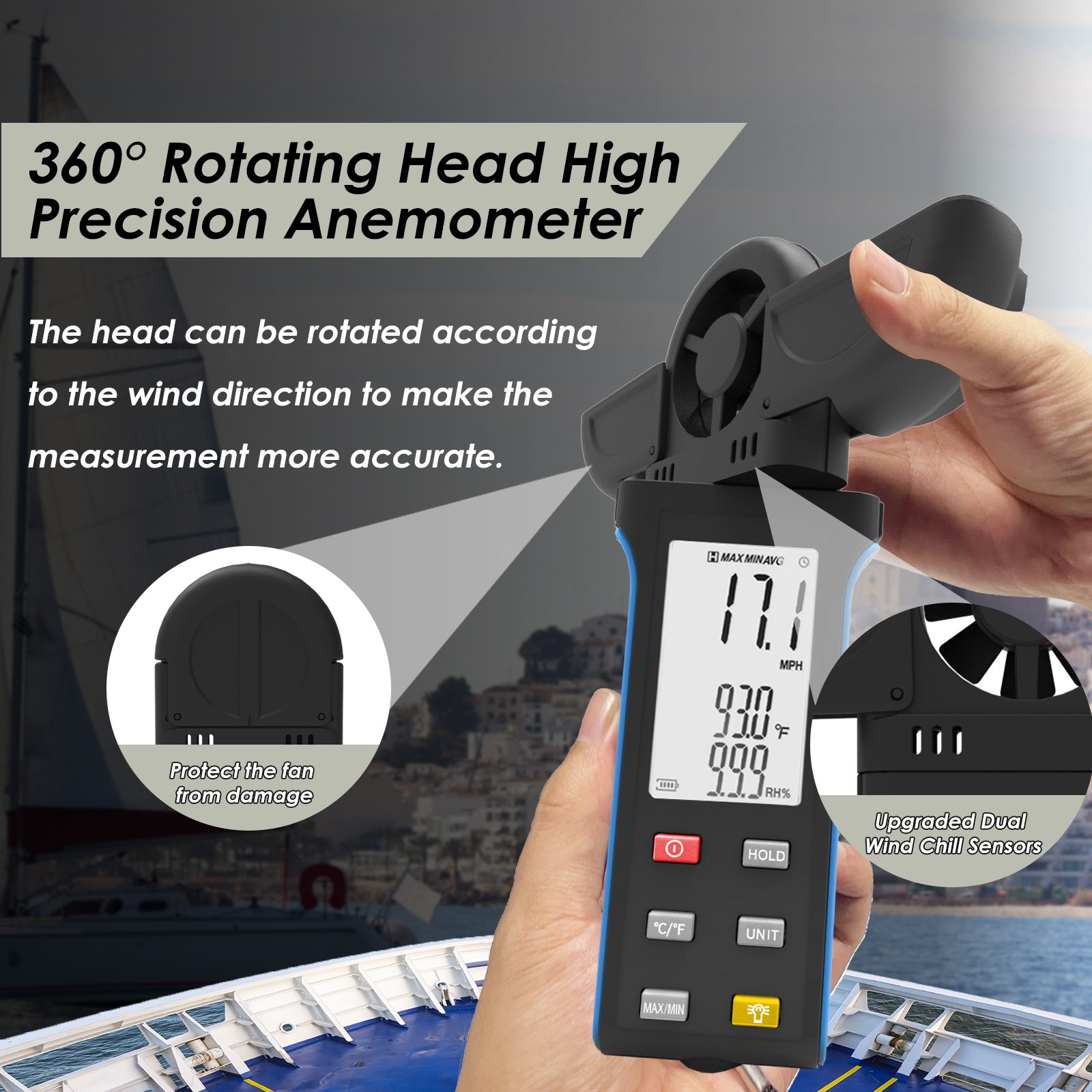 Holdpeak HP-5000K Handheld Anemometer for Measuring Wind Speed, Digital Air Flow Meter with Vane Cover & 270 Rotatable Detector