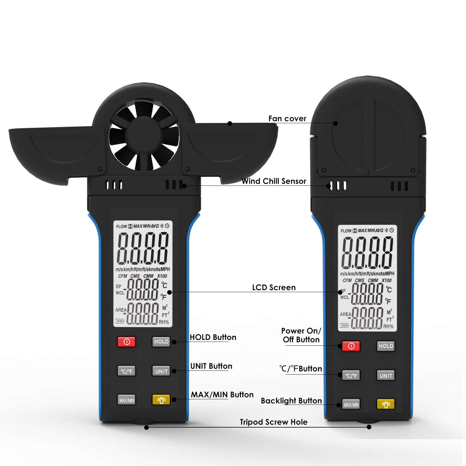 Holdpeak HP-5000K Handheld Anemometer for Measuring Wind Speed, Digital Air Flow Meter with Vane Cover & 270 Rotatable Detector