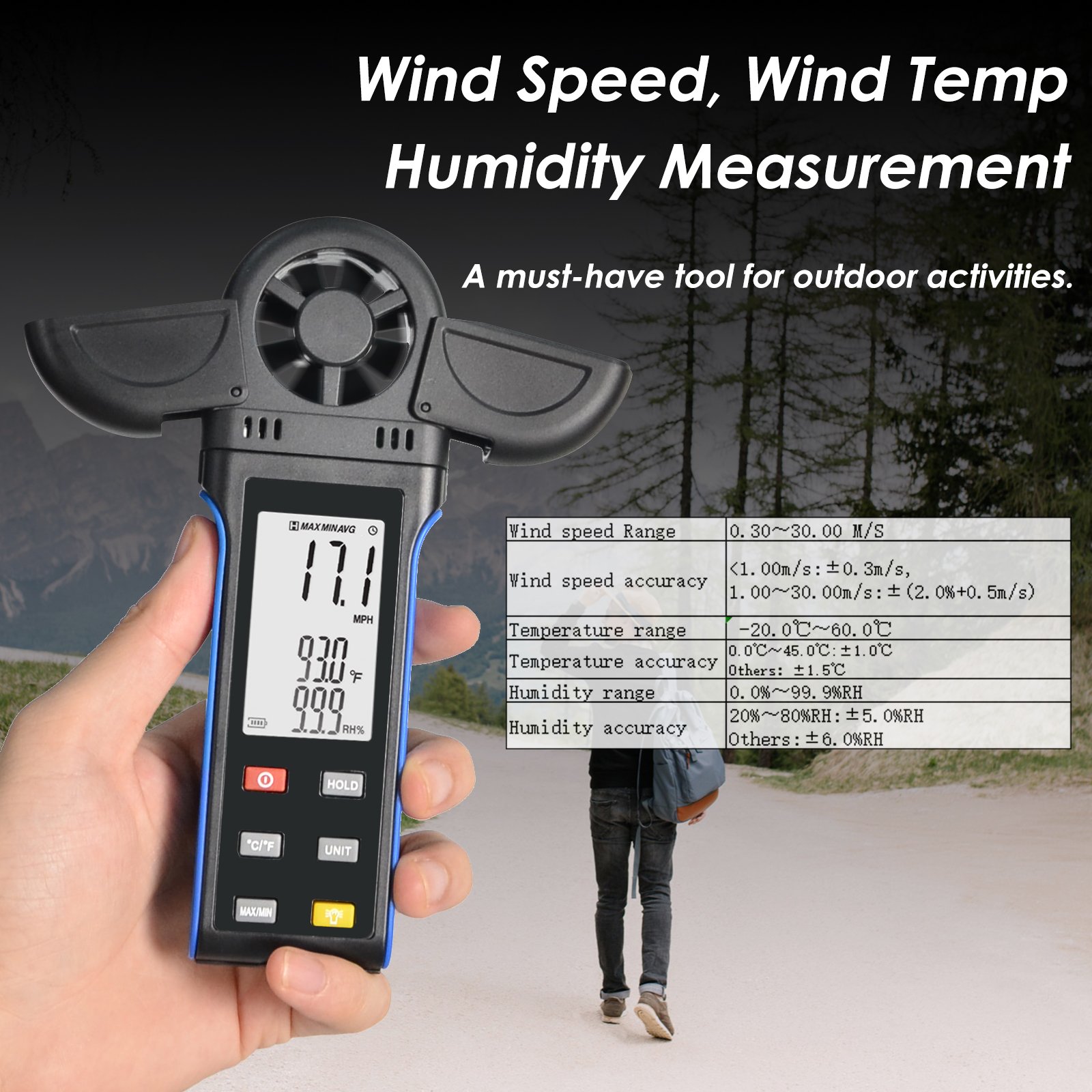 Holdpeak HP-5000K Handheld Anemometer for Measuring Wind Speed, Digital Air Flow Meter with Vane Cover & 270 Rotatable Detector