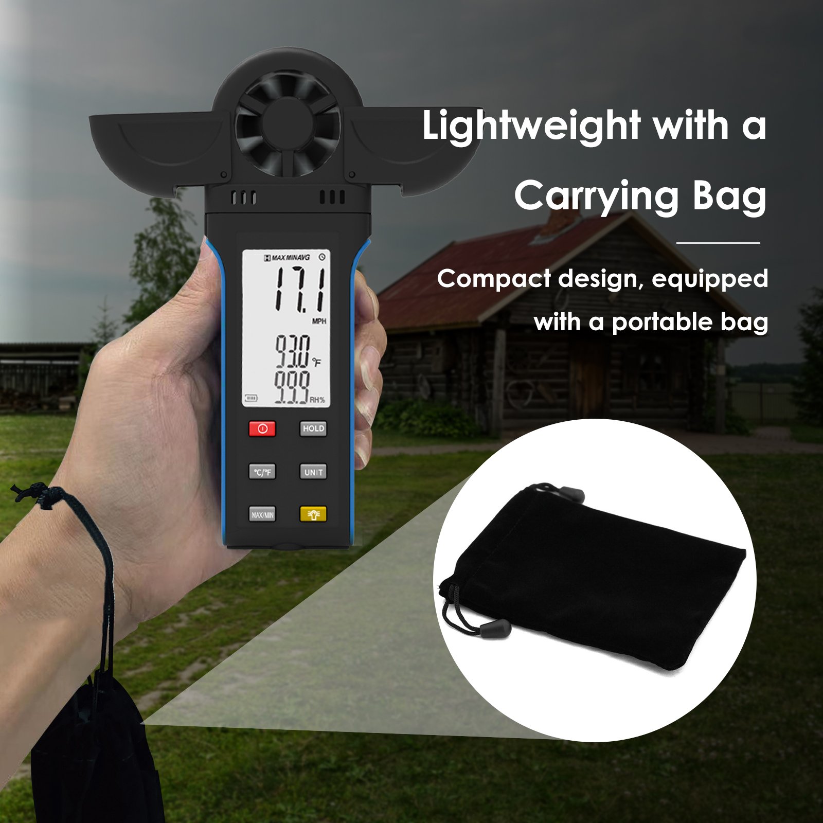 Holdpeak HP-5000K Handheld Anemometer for Measuring Wind Speed, Digital Air Flow Meter with Vane Cover & 270 Rotatable Detector