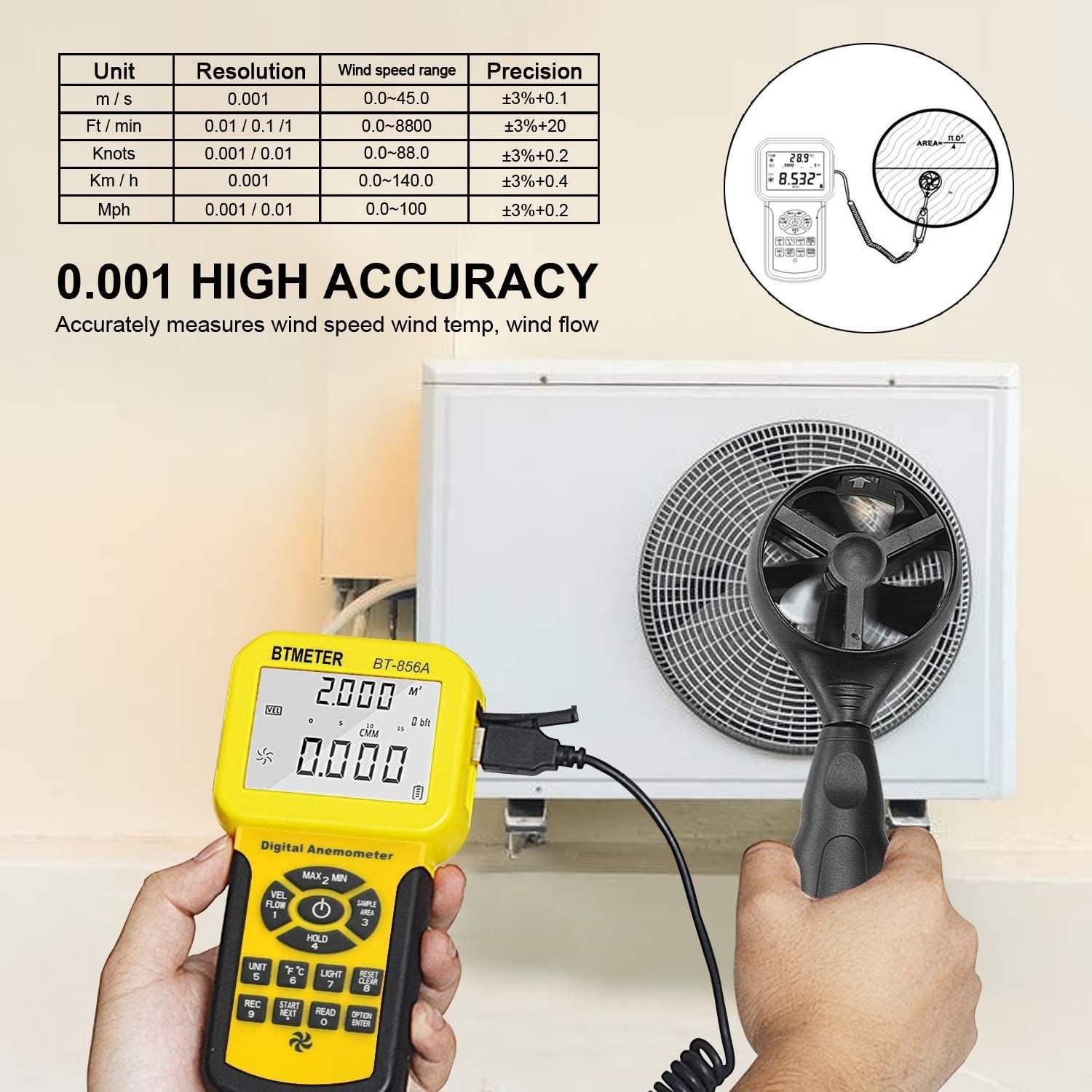 BT-856A Pro CFM Digital Anemometer - HVAC Airflow Velocity Meter with USB Rechargeable for Accurate Wind Speed Measurement