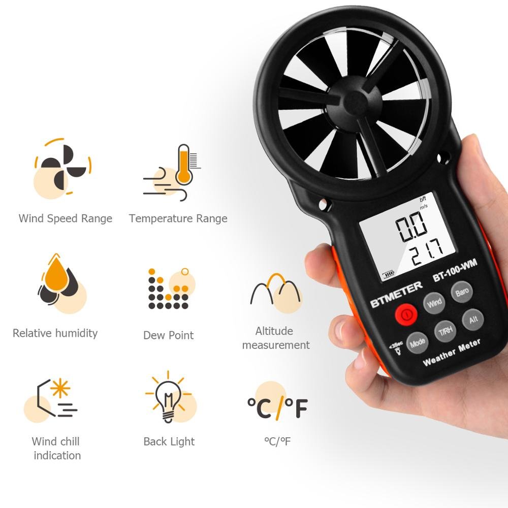 BT-100-WM Digital Anemometer for Measure Wind Speed/Temp,Wind Chill Tester Humidity,Altitude for Climbing Drone HVAC CFM