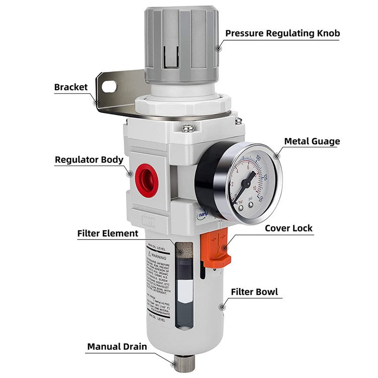 Compressed Air Filter Regulator Combo Piggyback, 5 Micron Brass Element, Semi-Auto Drain, Metal Bracket, 0-150 psi Gauge