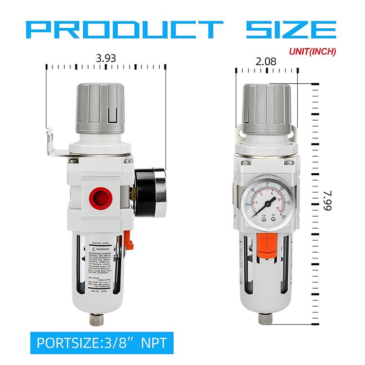 Compressed Air Filter Regulator Combo Piggyback, 5 Micron Brass Element, Semi-Auto Drain, Metal Bracket, 0-150 psi Gauge